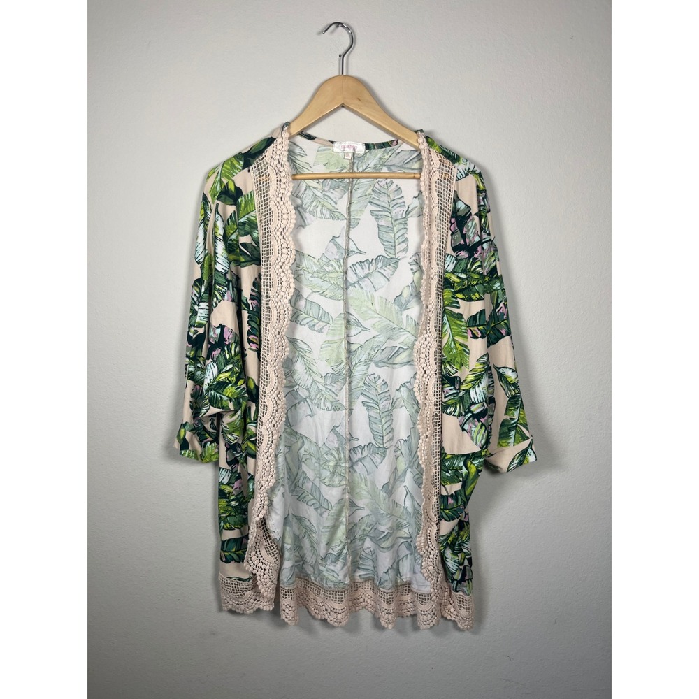 Stella Tweed Women 1X Tropical Palm Leaf Kimono Cardigan Crochet Lace Trim Pink